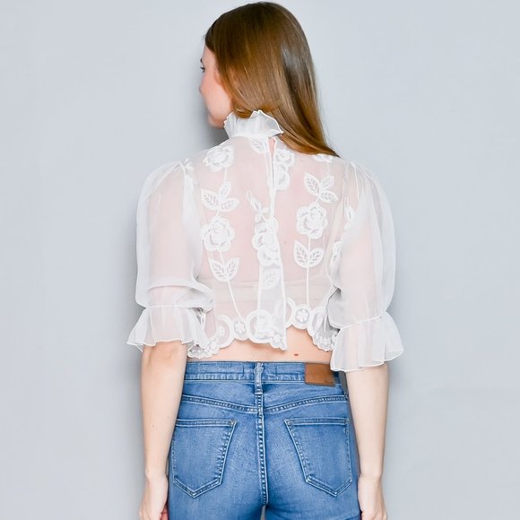 VINTAGE 70s White Organza Embroidered High-Neck Blouse XS - Picture 5 of 12